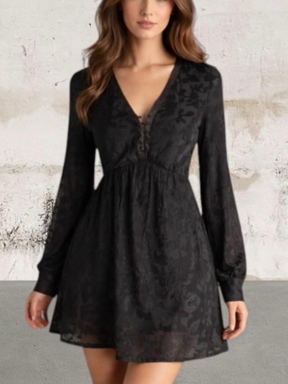 Pink Martini Black Velvet Dress Long-Sleeve Black Floral V-Neck Size Med